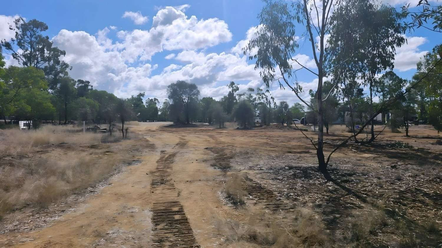 Dirt Road Through Dry, Grassy Field With Sparse Trees Under a Blue Sky With Clouds — NPX Solutions In Emerald, QLD