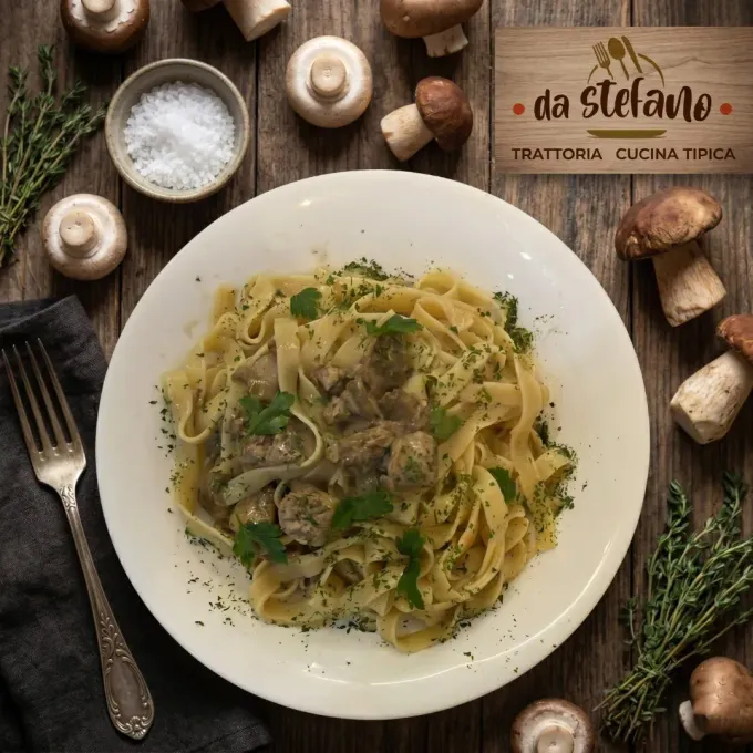 Un piatto di pasta su un tavolo rustico con funghi, erbe aromatiche e formaggio grattugiato nelle vicinanze.