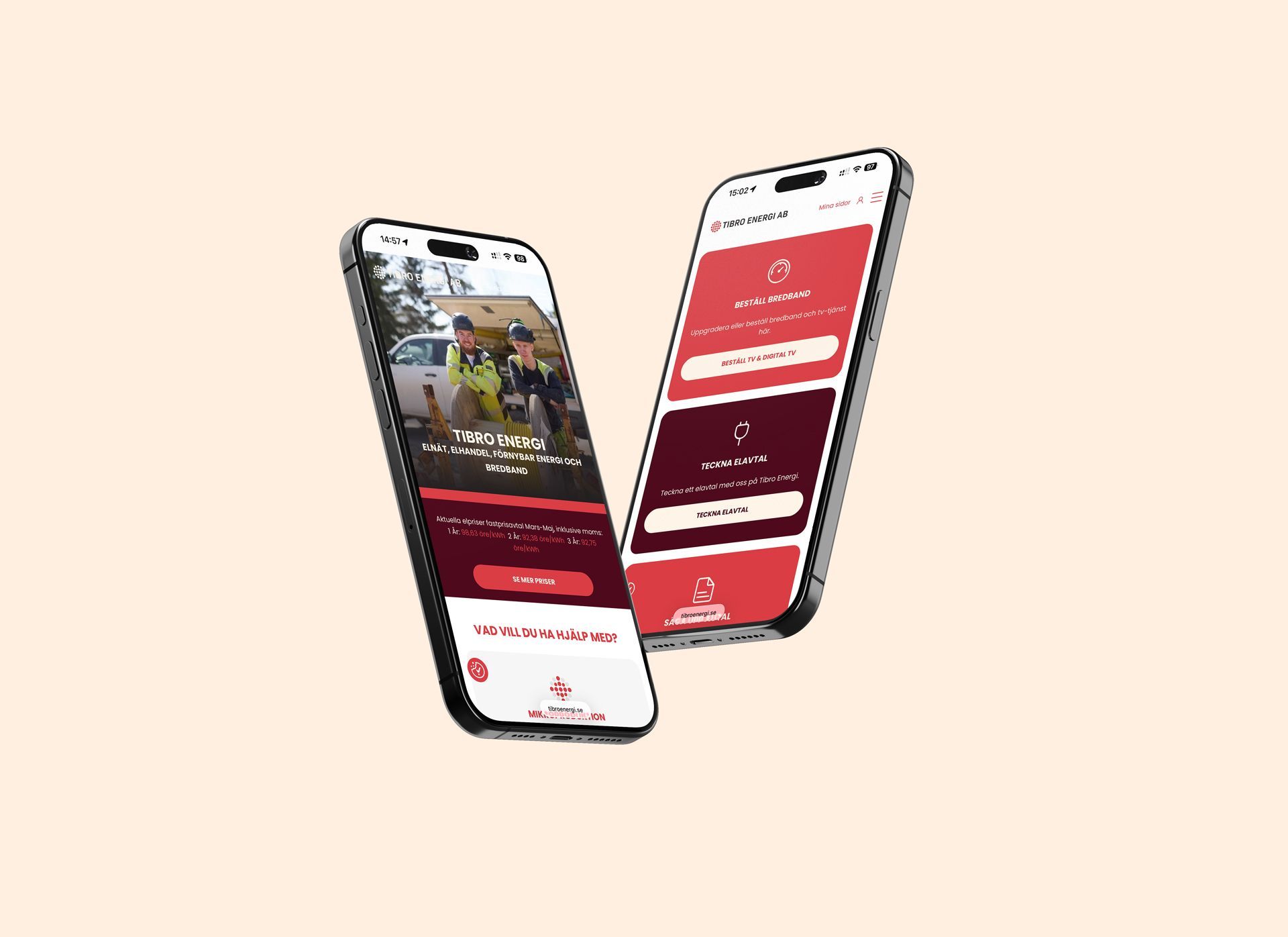 Tibro Energis hemsida p&aring; 2st mobiler som visar olika sidor.