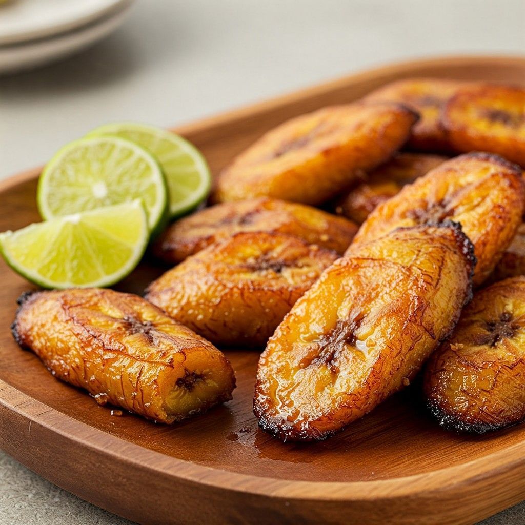 Fried plantains with lime slices on a wooden platter.