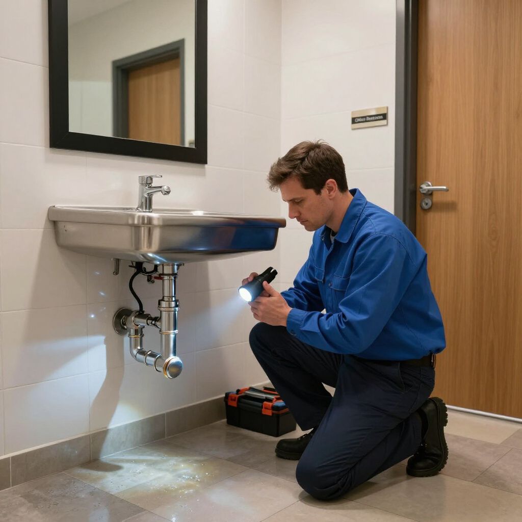 A plumber examines pipes under a sink with a flashlight in a bathroom, near a toolbox and door.