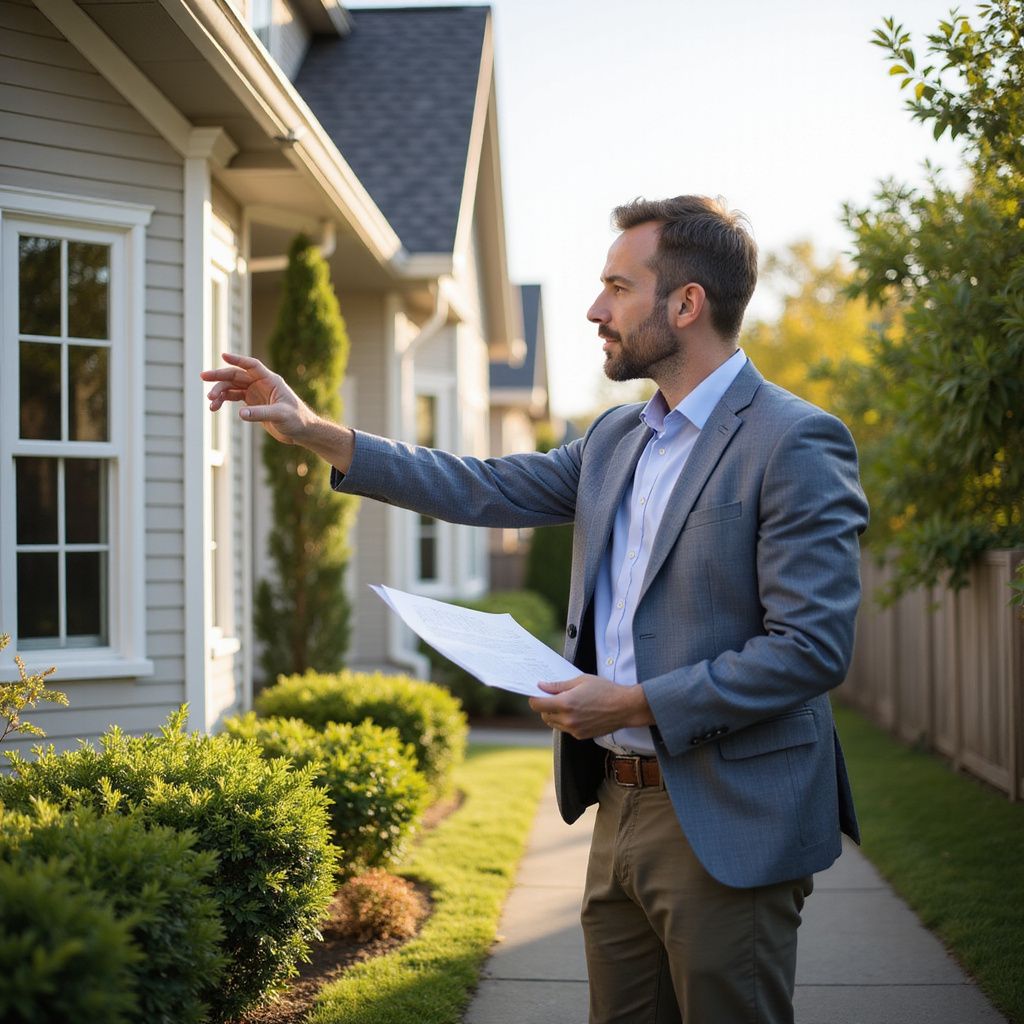 Real estate agent pointing at a house, holding papers. Outdoors, sunny day.
