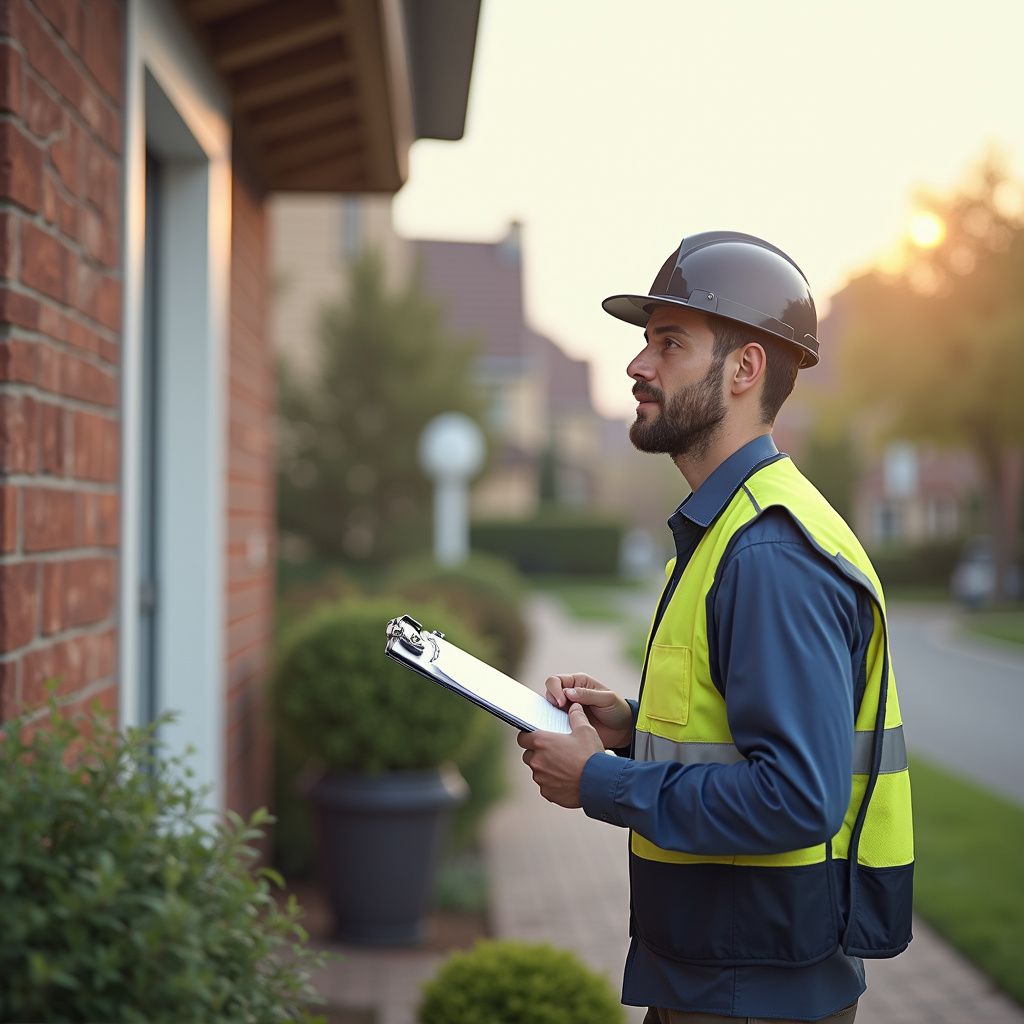 Construction worker in hard hat and vest examines house, holding clipboard.