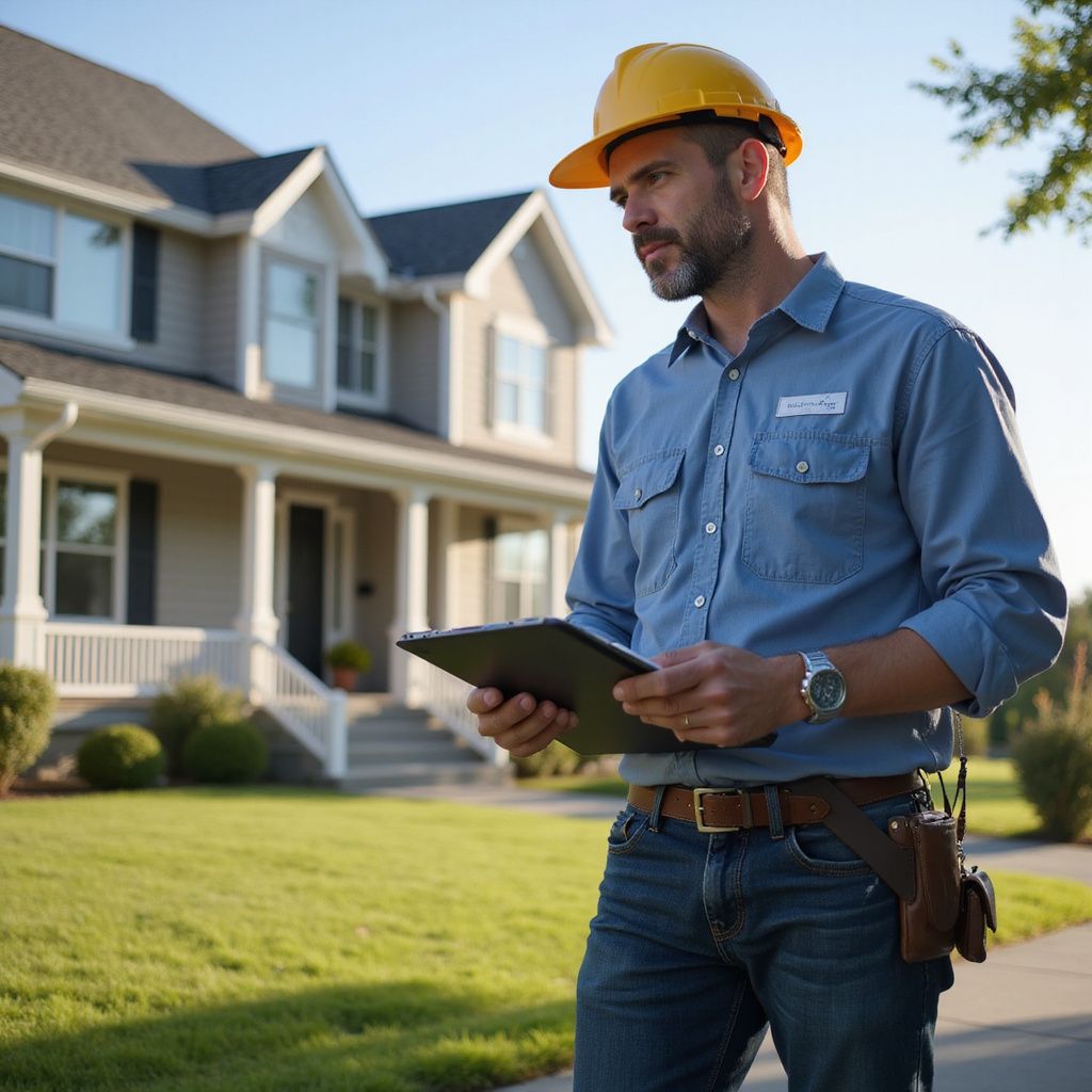Construction worker with a yellow hard hat and tablet surveys a house.