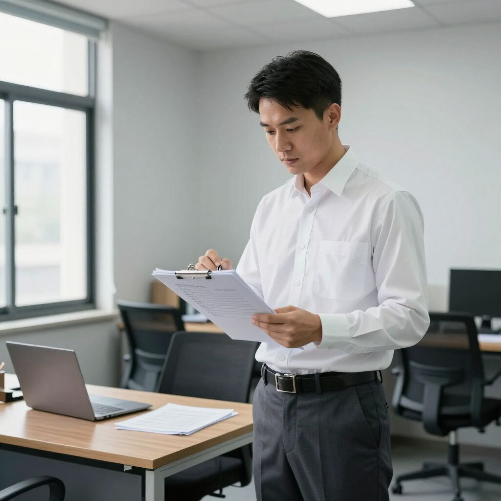 Man in white shirt and grey pants reviews documents in office setting.