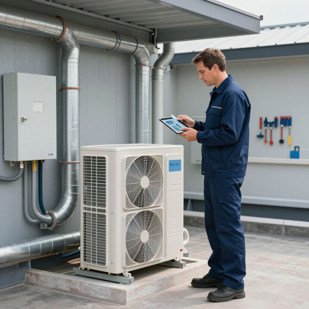 Technician in blue coveralls using a tablet to inspect a heat pump unit outside near pipes.