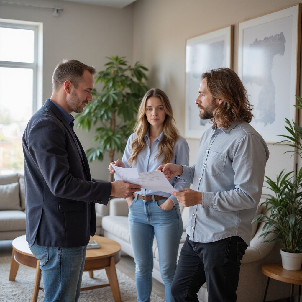 Real estate agent presenting documents to a couple in a living room.
