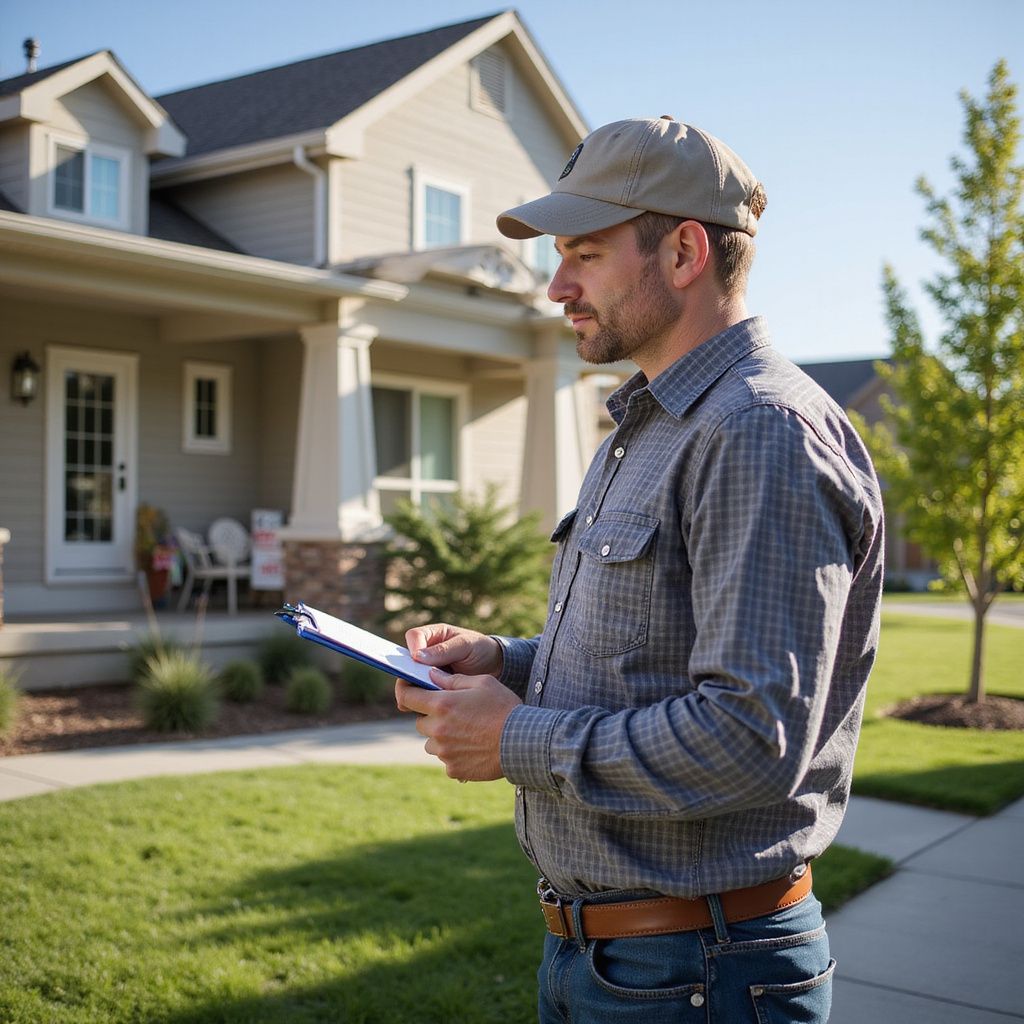 Man in plaid shirt and cap outside house, looking at a clipboard.