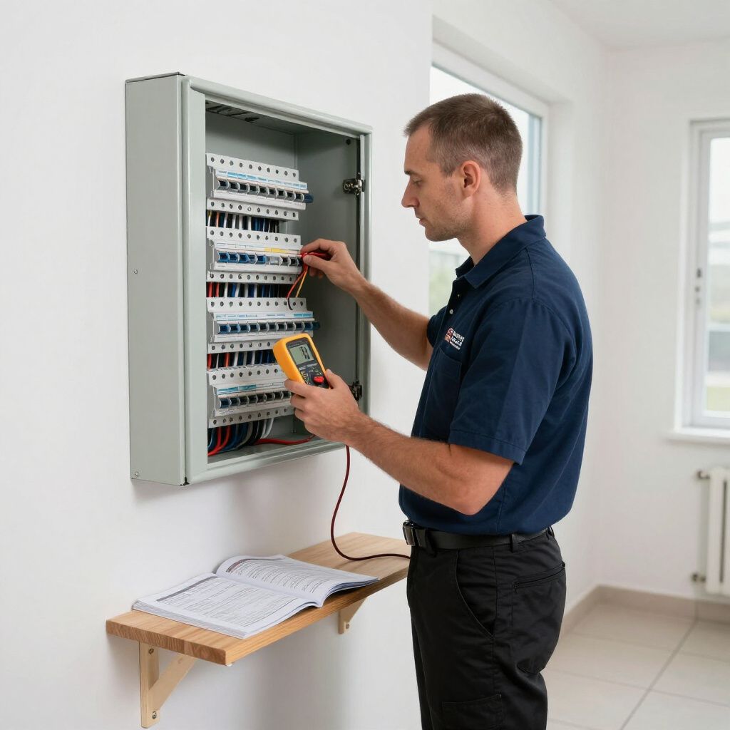 Electrician tests wiring in a breaker box with a multimeter, indoors near a window.