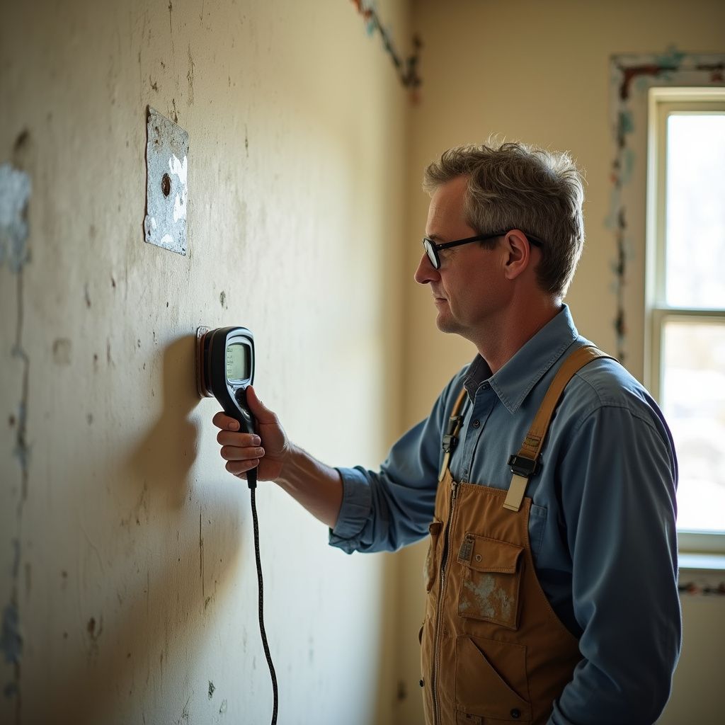 Man in overalls inspecting a wall with a handheld device, indoors.