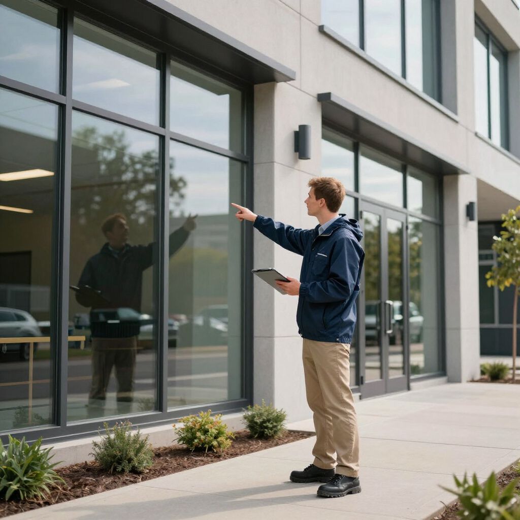 Man pointing at a window, holding a tablet, standing outside a modern building.