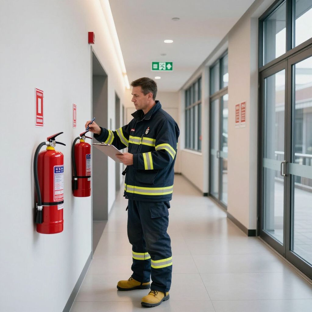 Firefighter inspecting fire extinguishers in a well-lit hallway.