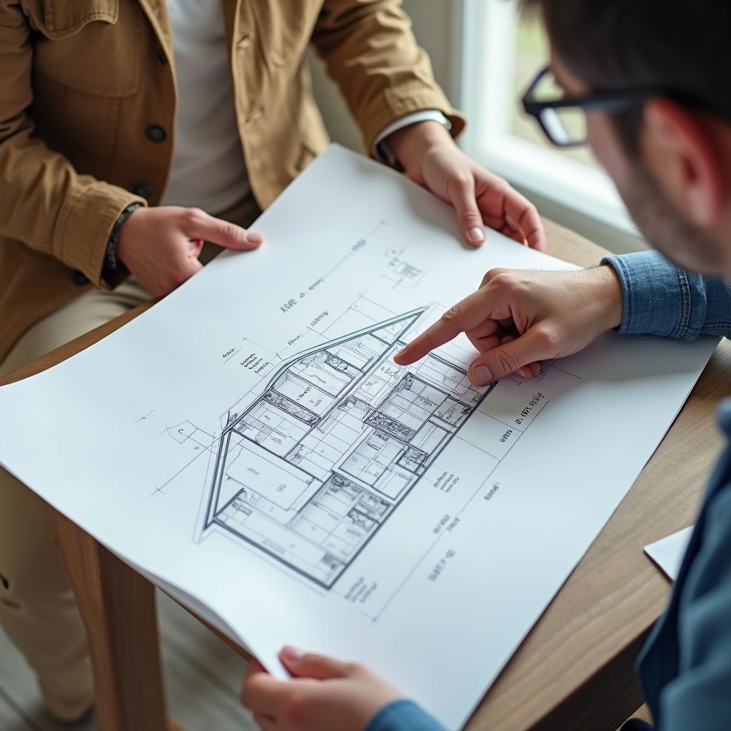 Two people review house blueprints, one points to a section on a table near a window.