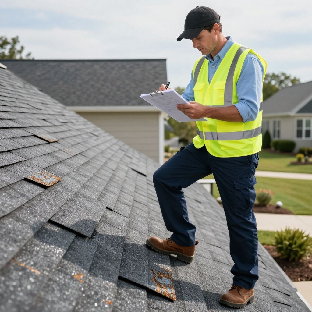 Man in safety vest inspects a roof, writing on a clipboard.
