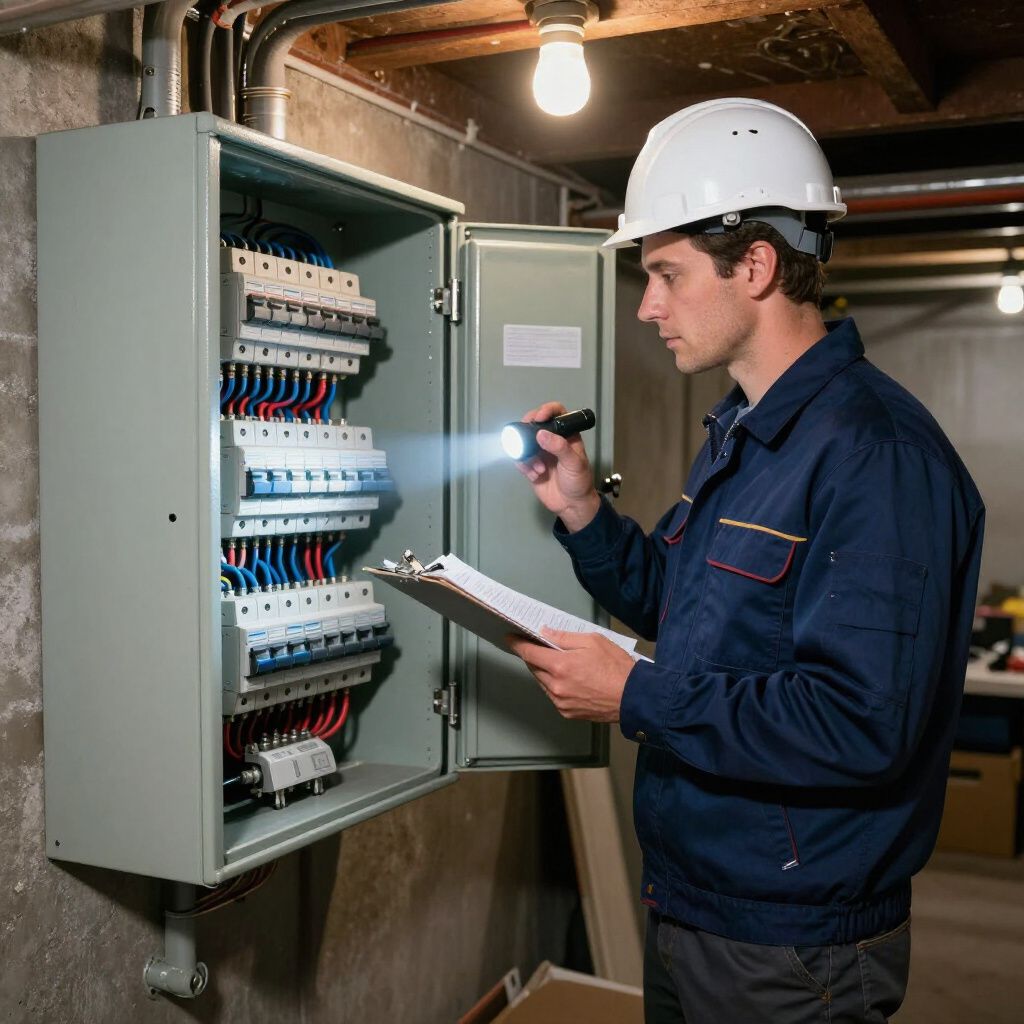 Electrician inspecting an electrical panel with a flashlight in a basement.