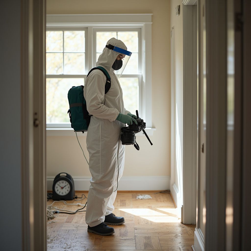 Person in hazmat suit spraying a room. A window and clock are in the background.