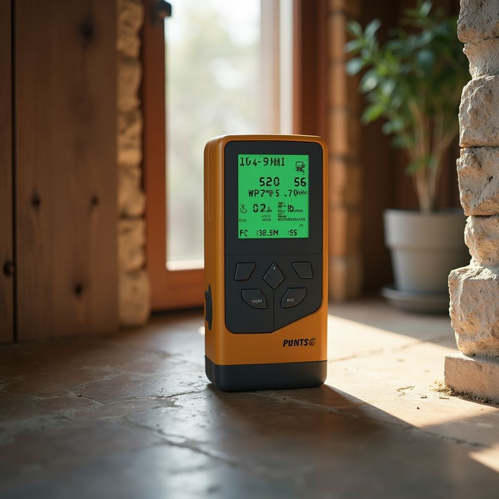 Yellow laser distance meter on a stone surface, near a window and plant; display shows numbers.