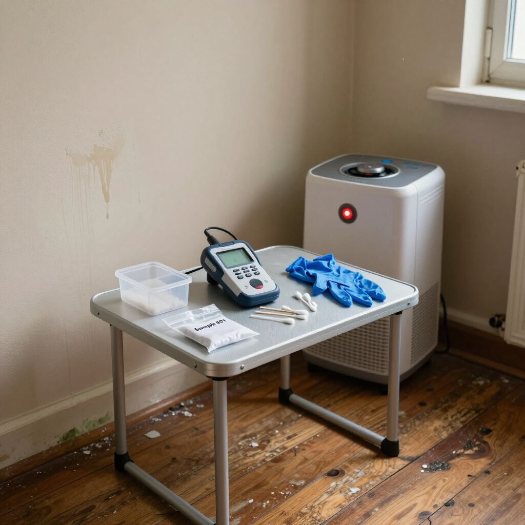 A table with a meter, gloves, swabs, and air purifier in a room with water damage.