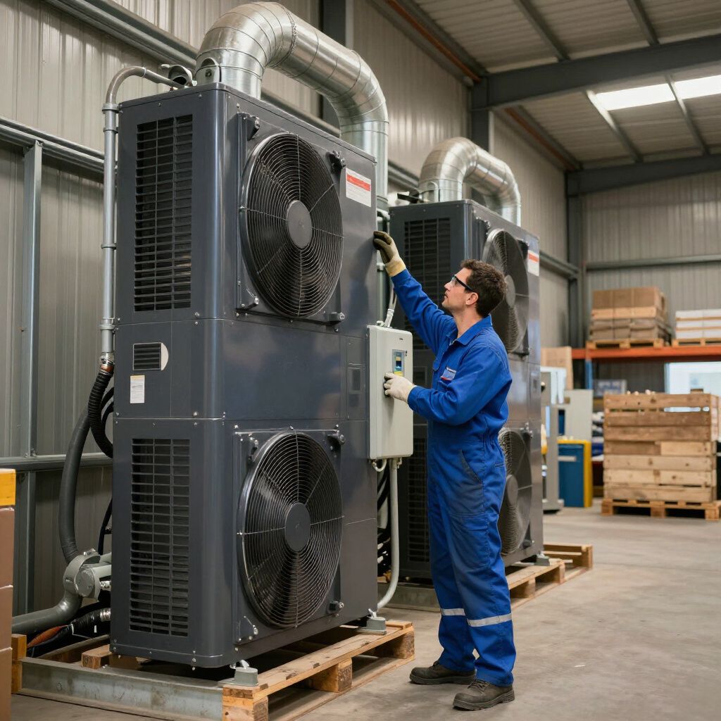 Man in blue overalls servicing industrial air conditioning units in a warehouse.