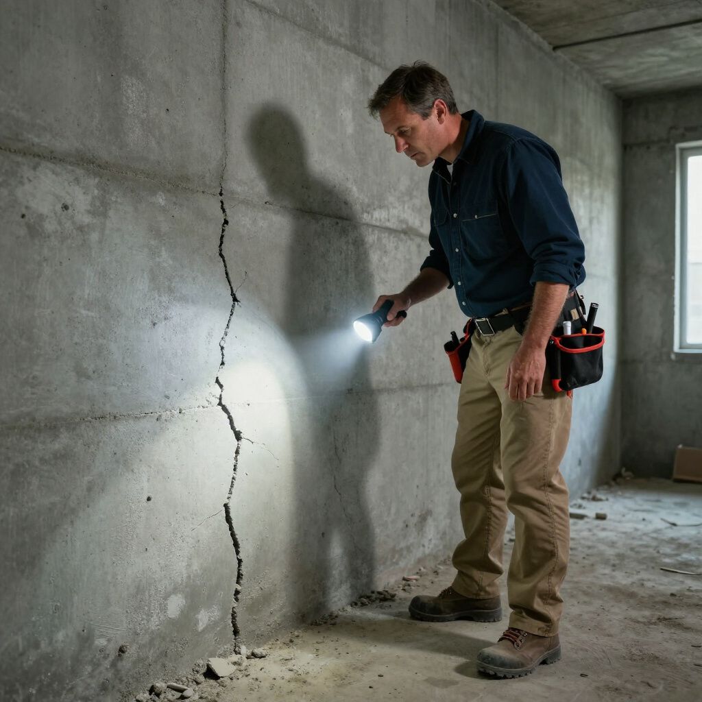 Man inspecting crack in concrete wall with a flashlight in unfinished room.