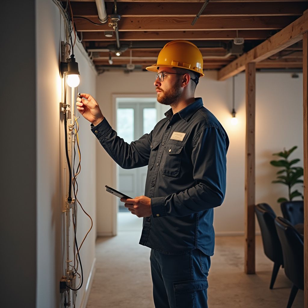 Electrician in a yellow hard hat examining wiring, holding a tablet in a modern office space.