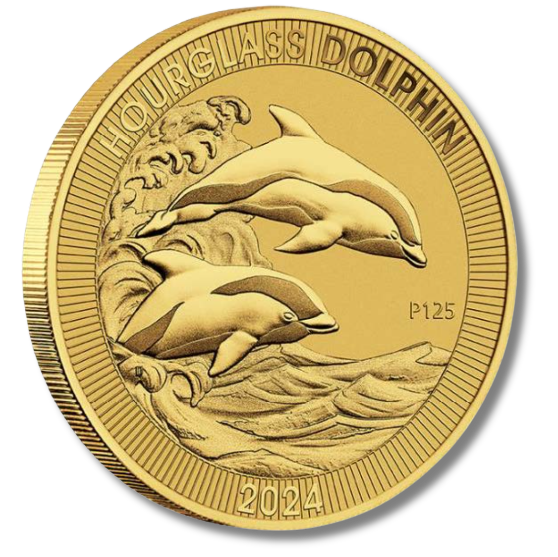 A gold coin that says dolphin on it