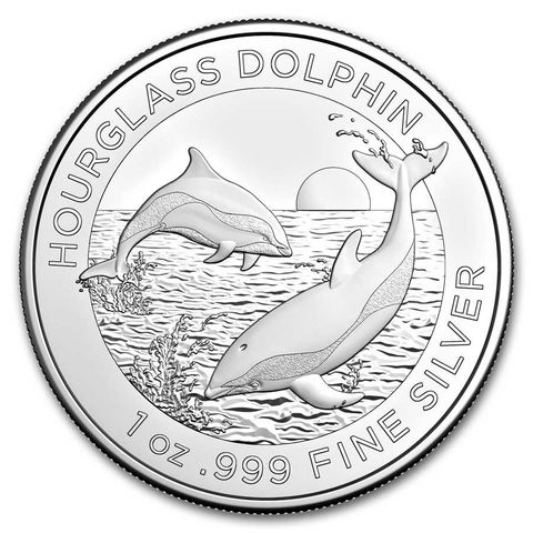 A silver coin with two dolphins on it