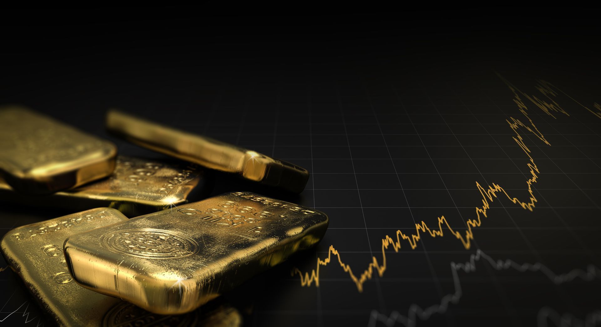 A pile of gold bars sitting on top of each other next to a graph.