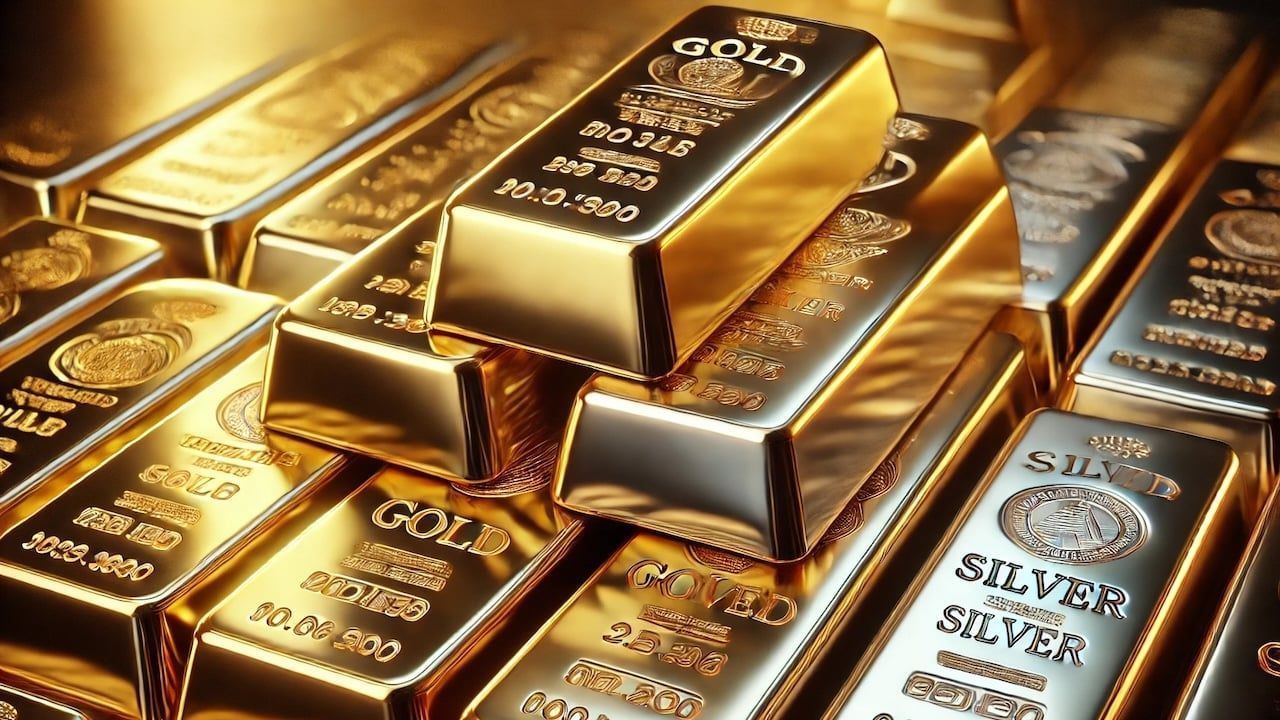 Gold and silver bars are stacked on top of each other