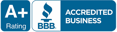 A blue and white sign that says a + accredited business