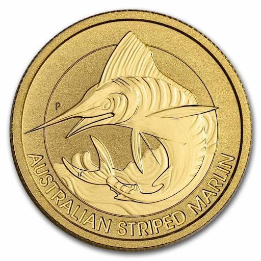 A gold coin with an australian striped marlin on it