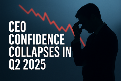 A man is holding his head in front of a graph that says ceo confidence collapses in q2 2025