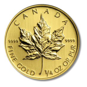A gold coin from canada with a maple leaf on it