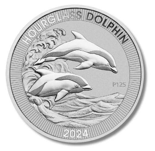 A silver coin that says hourglass dolphin on it