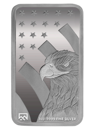 A silver bar with a picture of an eagle on it
