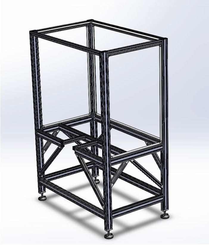 Black aluminum frame structure with rectangular top and base, angled supports, and adjustable feet.