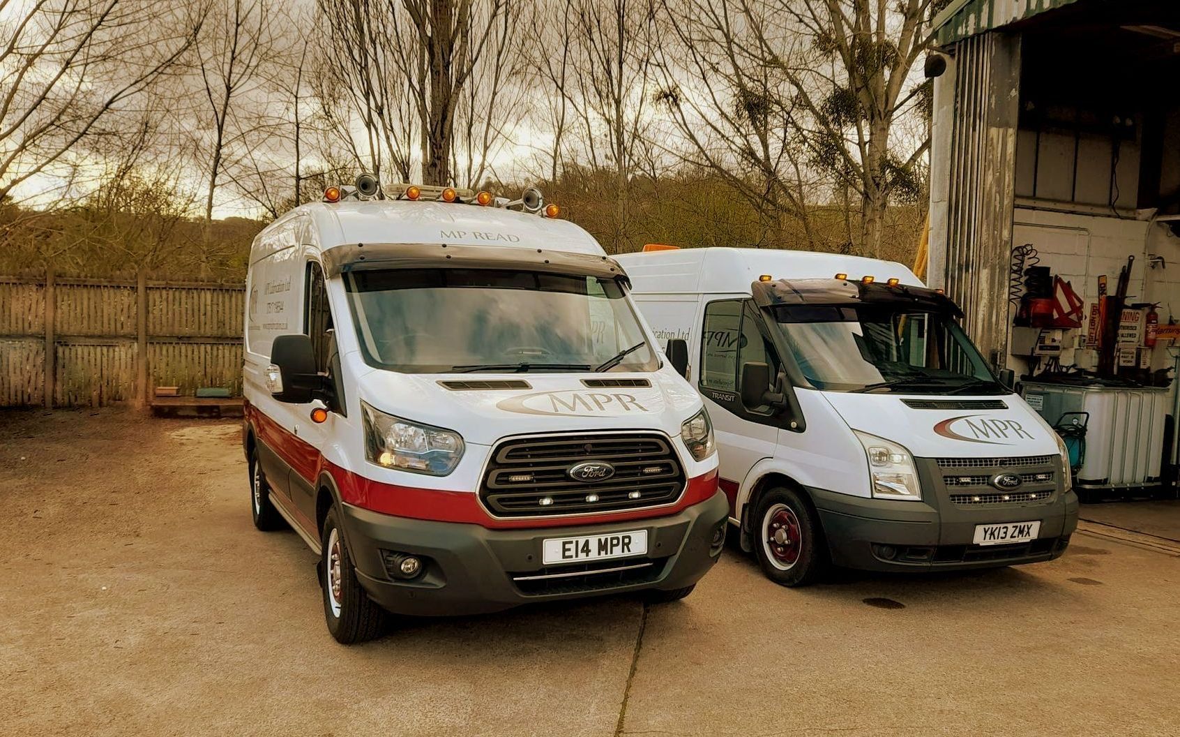 ford transit mk2 l2h2 with lights from la lightbars, airhorns, signwriting, MPR, in yard with other white signwritten transit van