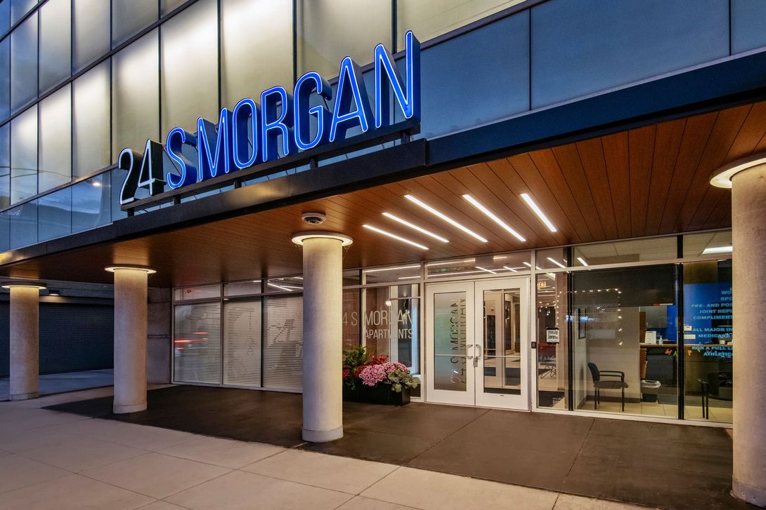 Outdoor lounge area at 24 S Morgan Apartments.