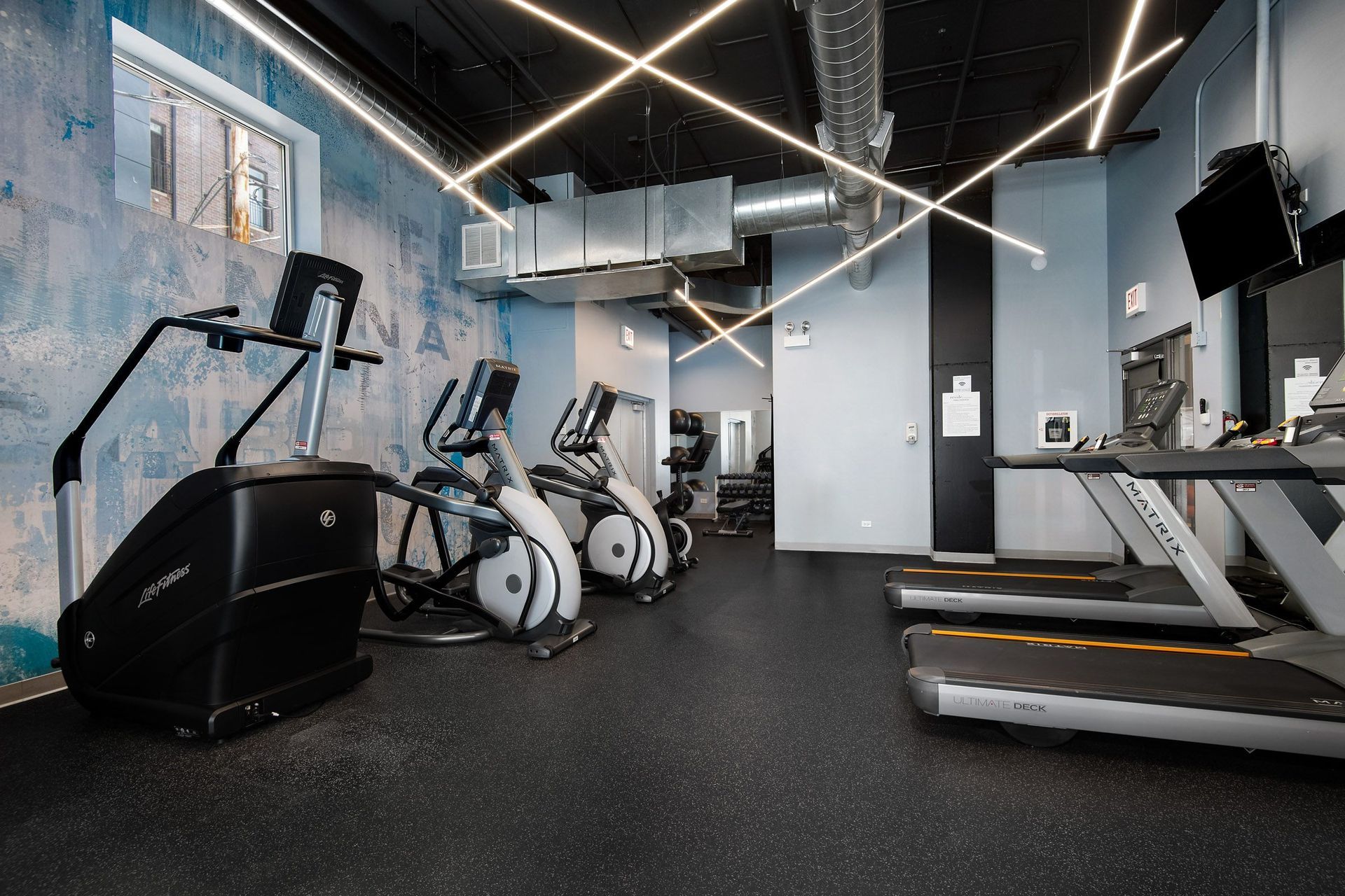 a group of exercise equipment in a gym