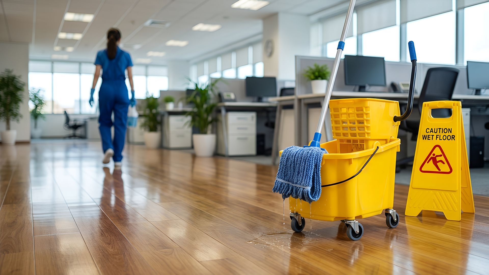 Professional cleaning services maintaining spotless office floors with commercial tools. Professional cleaning services maintaining spotless office floors with commercial tools.