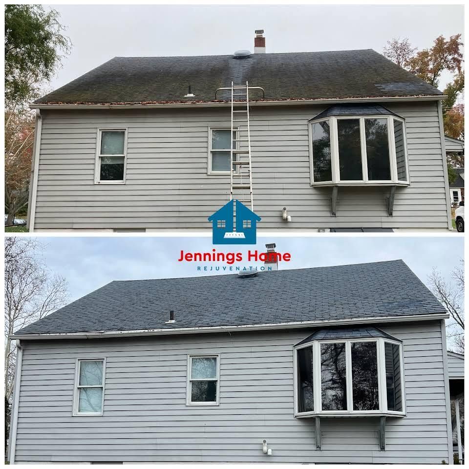 A Before And After Picture Of A House With A Ladder On The Roof — Wilmington, DE — Jennings Home Rejuvenation