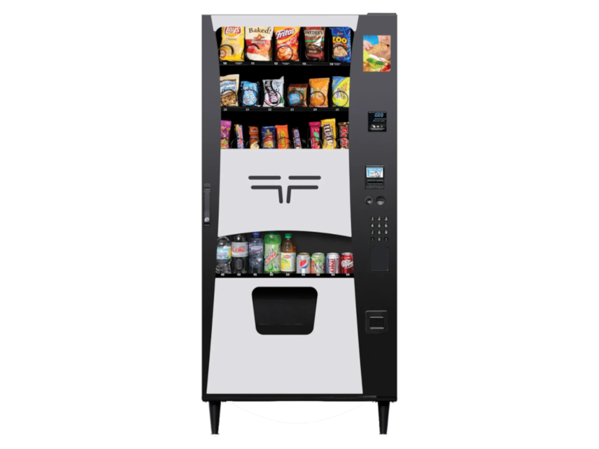 Black and white vending machine with snacks and drinks.