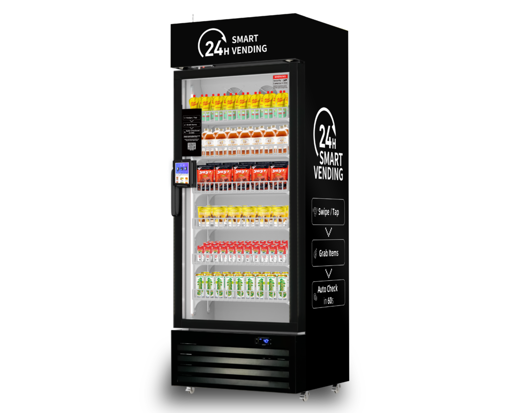 Black smart vending machine with glass front, stocked with beverages.