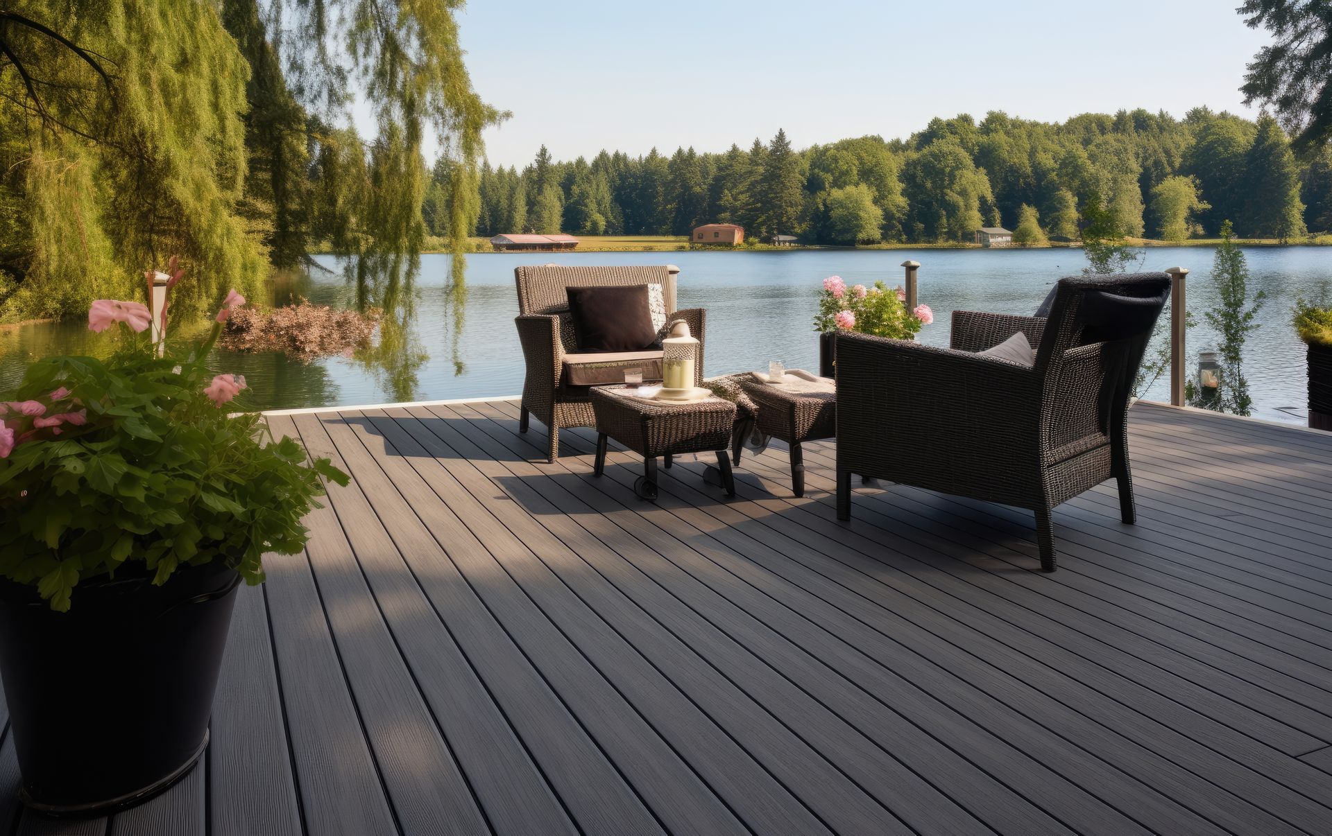 A wooden deck with chairs and a table overlooking a lake.