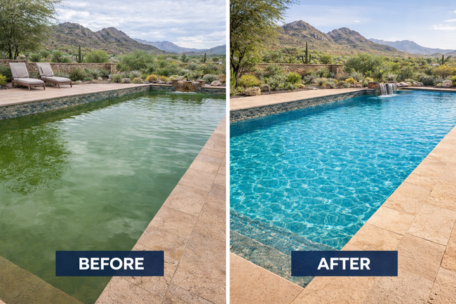 A person uses a blue pool net to skim debris from the surface of an outdoor hot tub with a wooden surround.