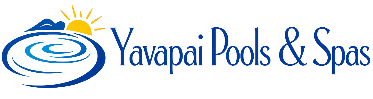 Logo for Yavapai Pools & Spas featuring a stylized blue pool ripple, a yellow sun, and company name in blue text.