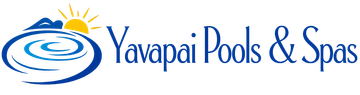Logo for Yavapai Pools & Spas featuring a stylized blue pool ripple, a yellow sun, and company name in blue text.