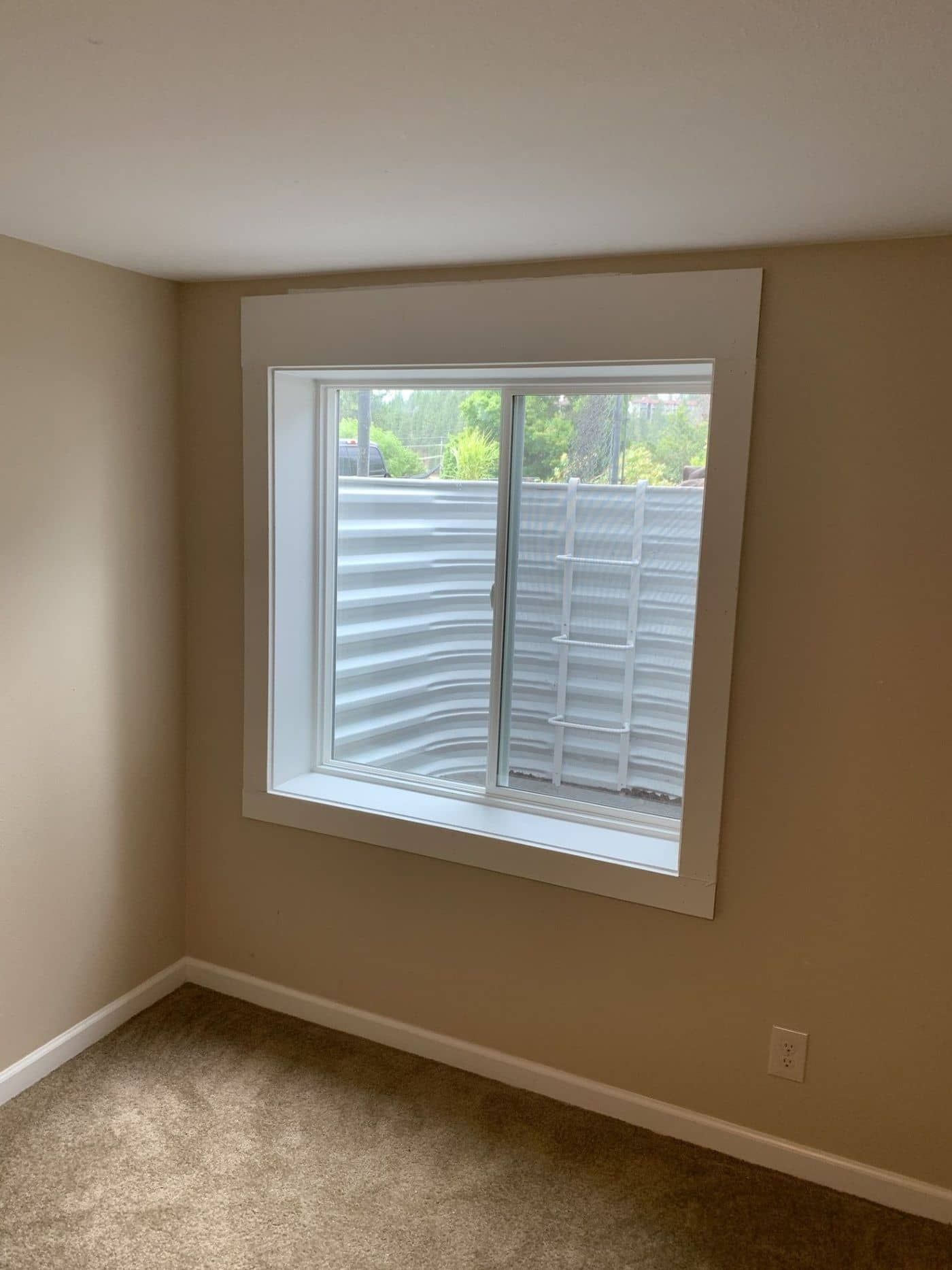 Window in a room with a basement window well. Beige walls and carpet. White trim.