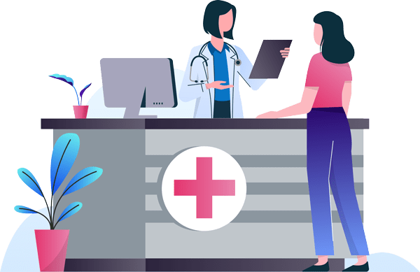 A healthcare professional in a white coat talks to a patient at a reception desk with a medical cross symbol.