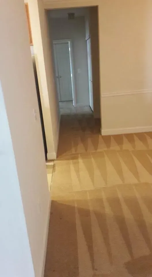 A hallway with a carpeted floor and a doorway leading to a room.